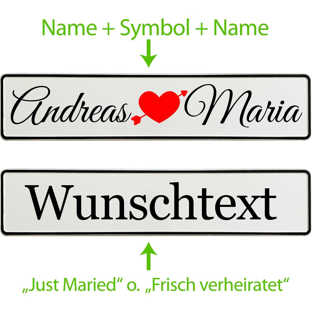 Kennzeichen Hochzeit personalisiert – Herz & Pfeil Motiv – Autodeko - MADYES - Hochzeitsdeko Manufaktur