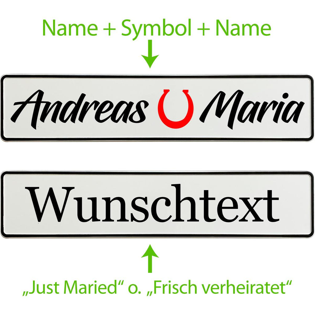 Hochzeitskennzeichen mit Namen personalisiert – Glück Motiv – Autodeko - MADYES - Hochzeitsdeko Manufaktur