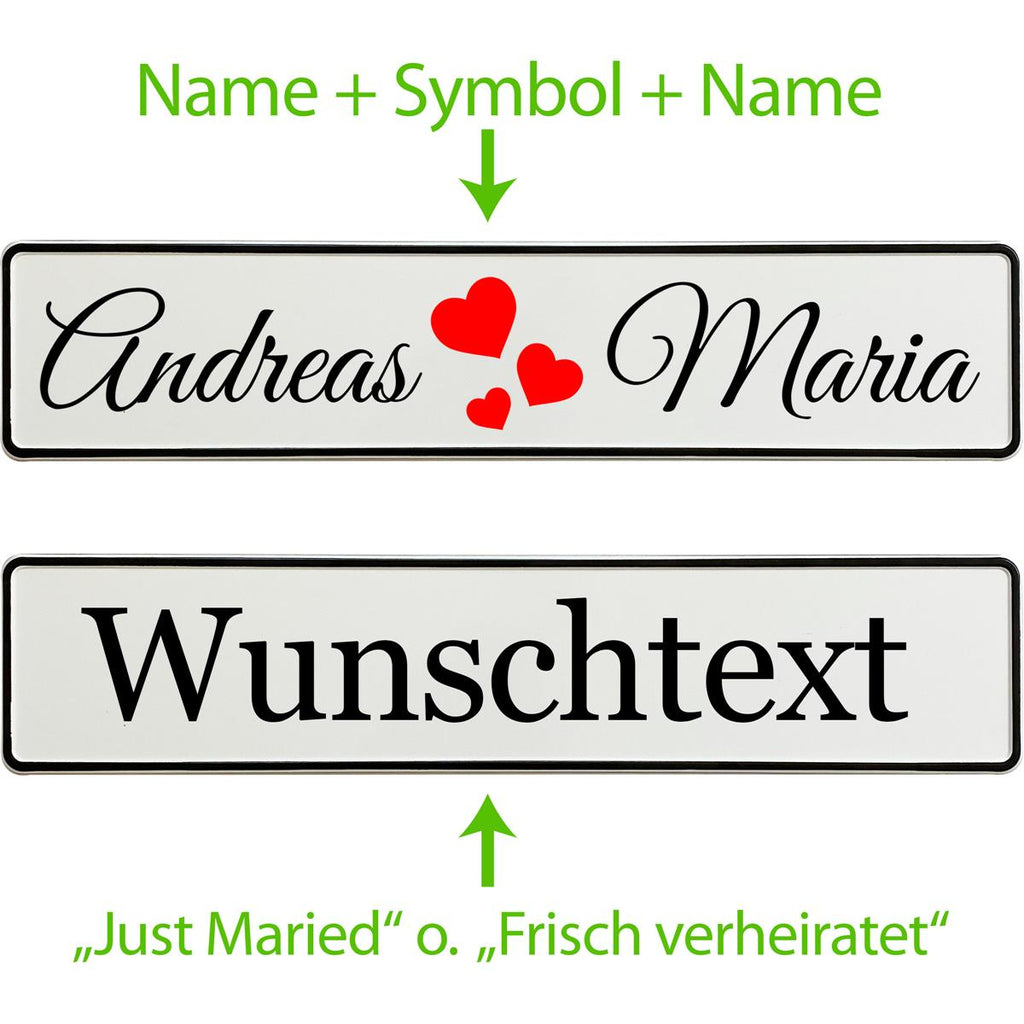 KFZ-Hochzeitskennzeichen mit Namen personalisiert – Süßes Herzchen Motiv - MADYES - Hochzeitsdeko Manufaktur