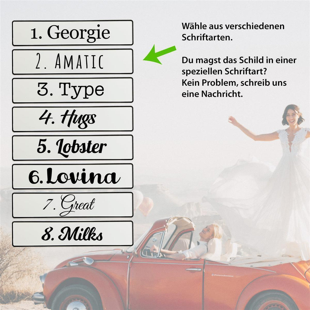 Kennzeichen Hochzeit personalisiert – Motiv Brautpaar – Hochzeitsauto Deko - MADYES - Hochzeitsdeko Manufaktur