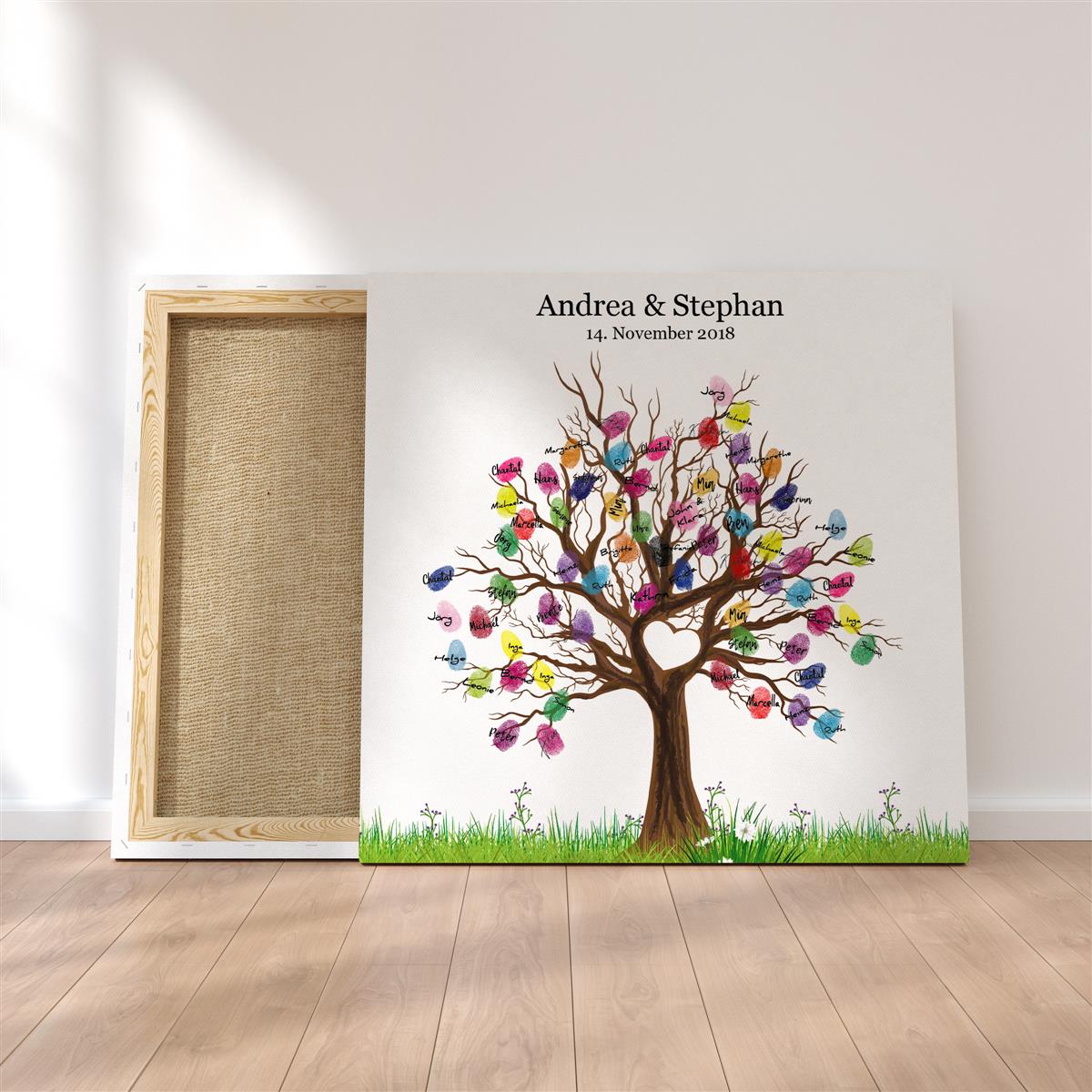 Personalisiertes Hochzeits-Gästebuch Leinwand 50x50 cm - Motiv Baum Herz - MADYES - Hochzeitsdeko Manufaktur