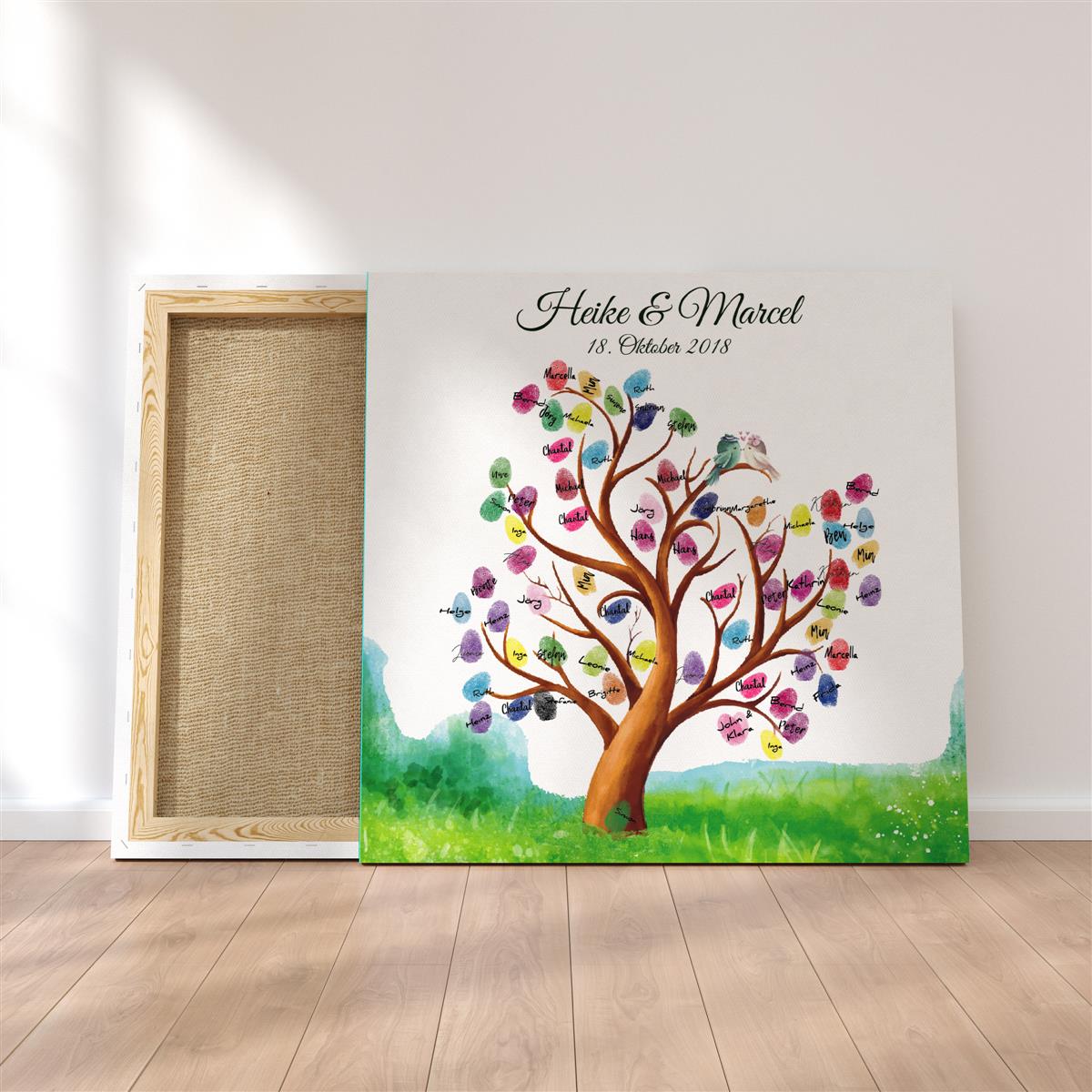 Personalisiertes Hochzeits-Gästebuch Leinwand 50x50 cm - Motiv Tree & Birds - MADYES - Hochzeitsdeko Manufaktur
