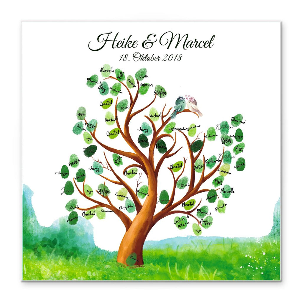 Personalisiertes Hochzeits-Gästebuch Leinwand 50x50 cm - Motiv Tree & Birds - MADYES - Hochzeitsdeko Manufaktur