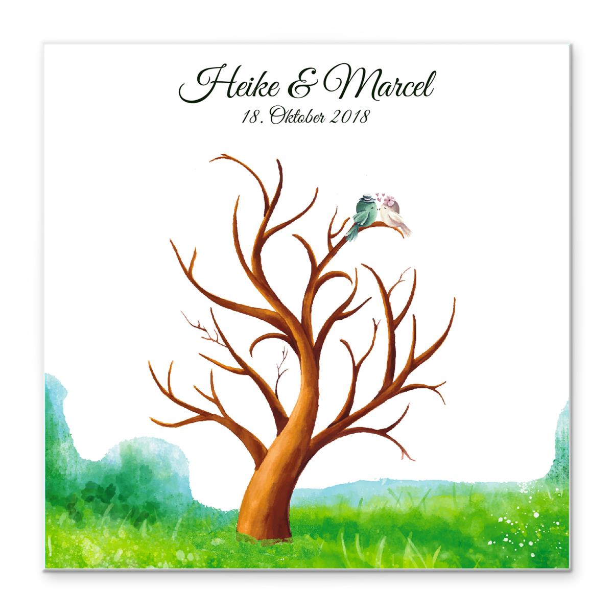 Personalisiertes Hochzeits-Gästebuch Leinwand 50x50 cm - Motiv Tree & Birds - MADYES - Hochzeitsdeko Manufaktur