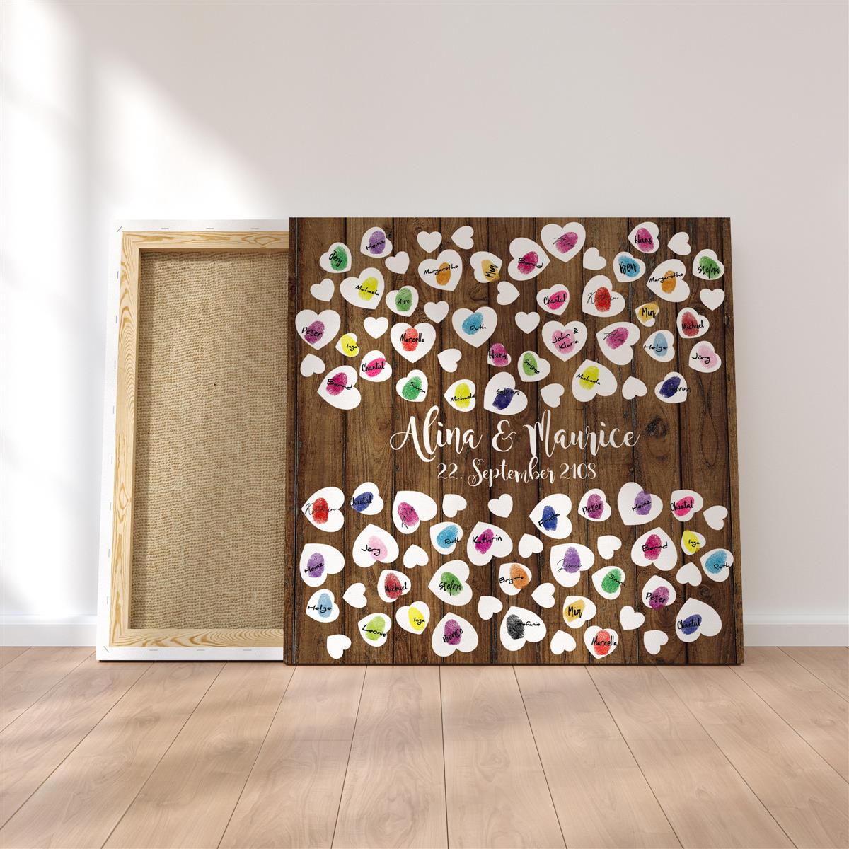 Personalisiertes Hochzeits-Gästebuch Leinwand 50x50 cm - Motiv Holz & Herz - MADYES - Hochzeitsdeko Manufaktur