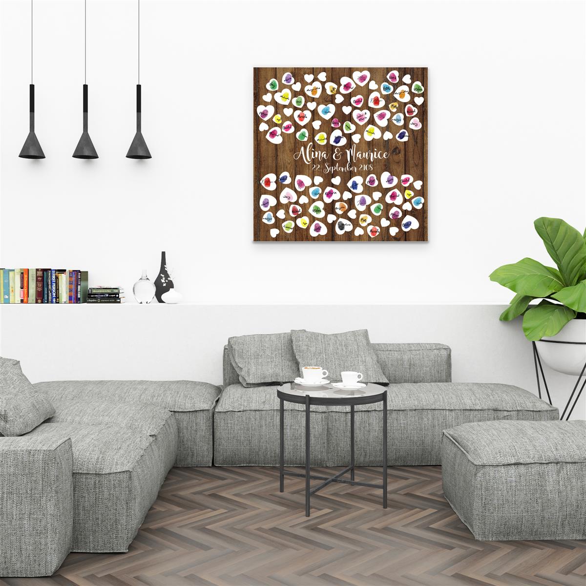 Personalisiertes Hochzeits-Gästebuch Leinwand 50x50 cm - Motiv Holz & Herz - MADYES - Hochzeitsdeko Manufaktur