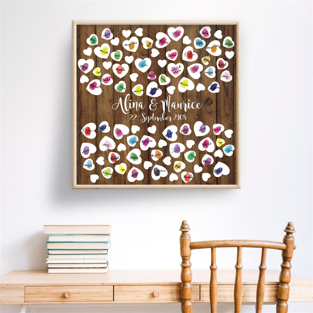 Personalisiertes Hochzeits-Gästebuch Leinwand 50x50 cm - Motiv Holz & Herz - MADYES - Hochzeitsdeko Manufaktur