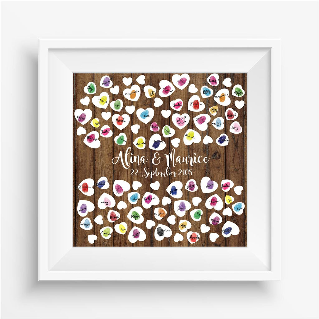 Personalisiertes Hochzeits-Gästebuch Leinwand 50x50 cm - Motiv Holz & Herz - MADYES - Hochzeitsdeko Manufaktur
