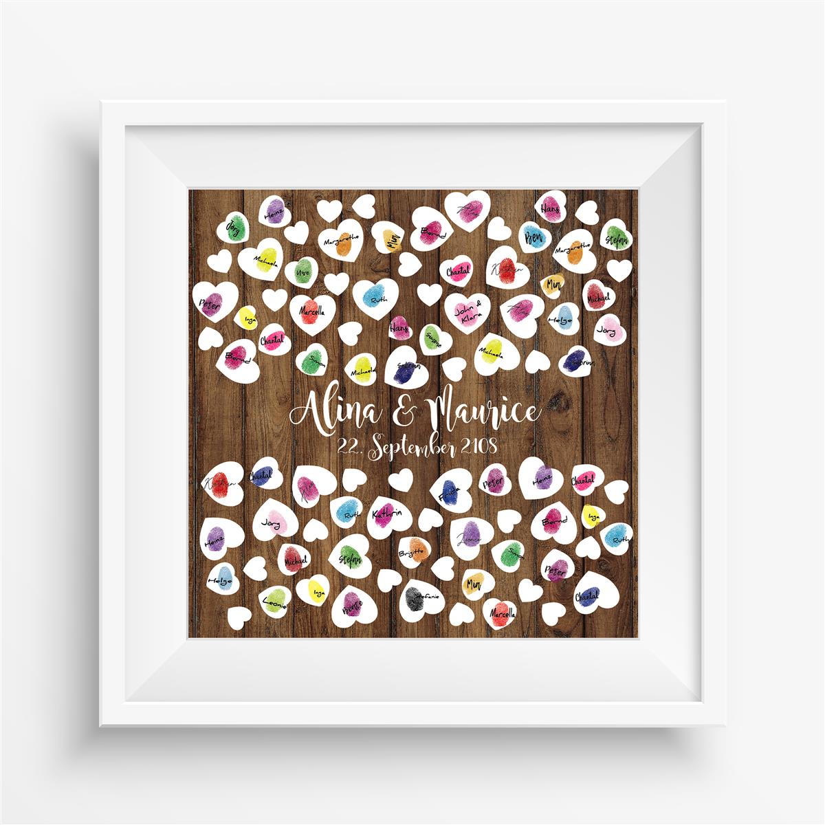 Personalisiertes Hochzeits-Gästebuch Leinwand 50x50 cm - Motiv Holz & Herz - MADYES - Hochzeitsdeko Manufaktur