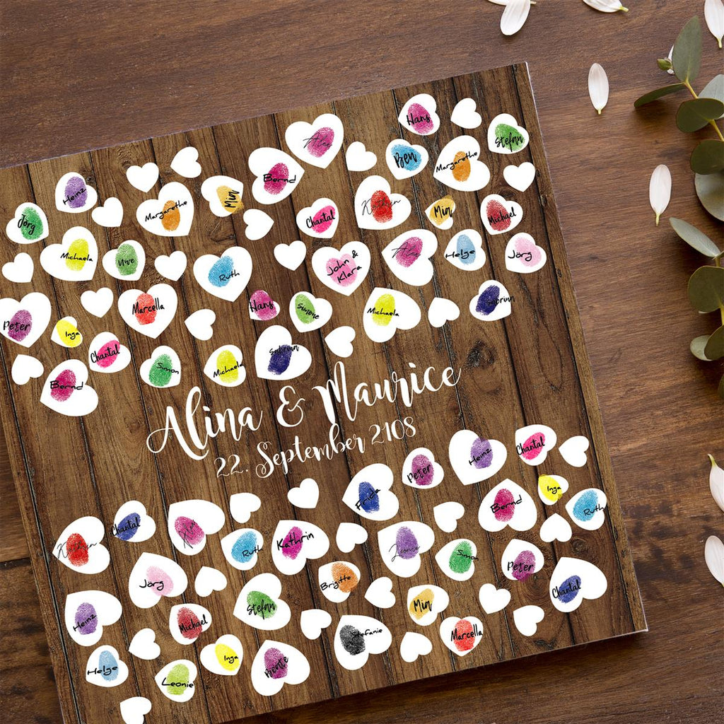 Personalisiertes Hochzeits-Gästebuch Leinwand 50x50 cm - Motiv Holz & Herz - MADYES - Hochzeitsdeko Manufaktur