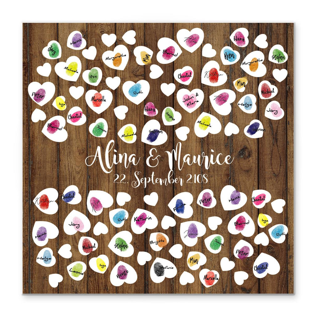 Personalisiertes Hochzeits-Gästebuch Leinwand 50x50 cm - Motiv Holz & Herz - MADYES - Hochzeitsdeko Manufaktur