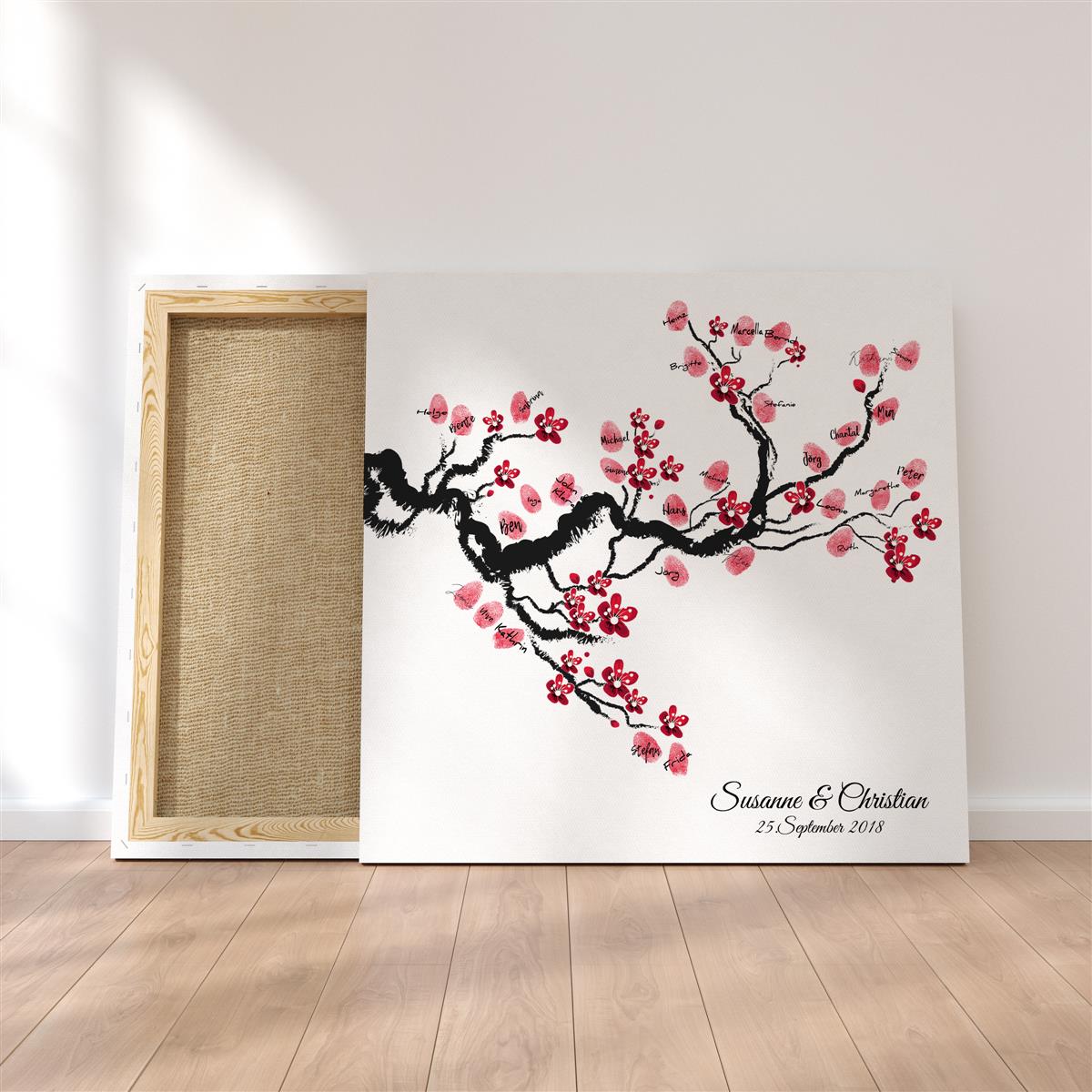 Personalisiertes Hochzeits-Gästebuch Leinwand 50x50 cm - Motiv Chinese Cherry - MADYES - Hochzeitsdeko Manufaktur