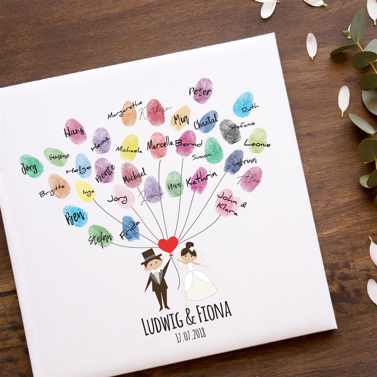 Personalisiertes Hochzeits-Gästebuch Leinwand 50x50 cm - Motiv Herz Luftballons - MADYES - Hochzeitsdeko Manufaktur