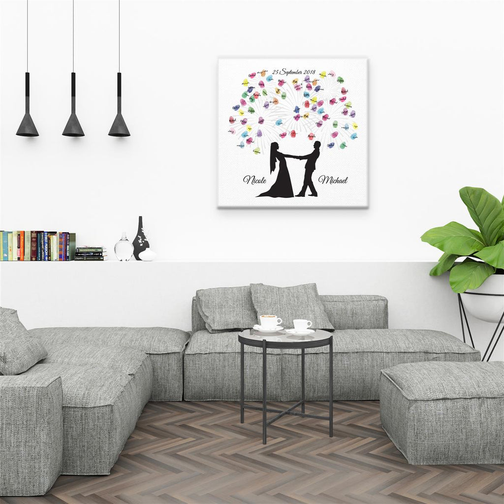 Personalisiertes Hochzeits-Gästebuch Leinwand 50x50 cm - Motiv Brautpaar Feuerwerk Classic - MADYES - Hochzeitsdeko Manufaktur