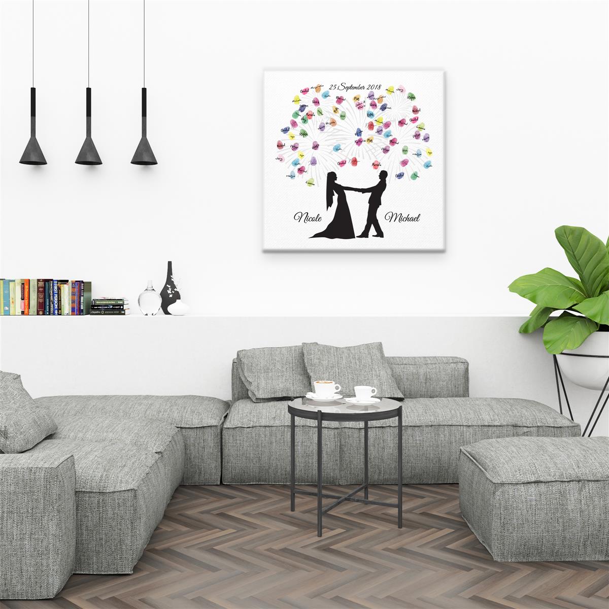 Personalisiertes Hochzeits-Gästebuch Leinwand 50x50 cm - Motiv Brautpaar Feuerwerk Classic - MADYES - Hochzeitsdeko Manufaktur