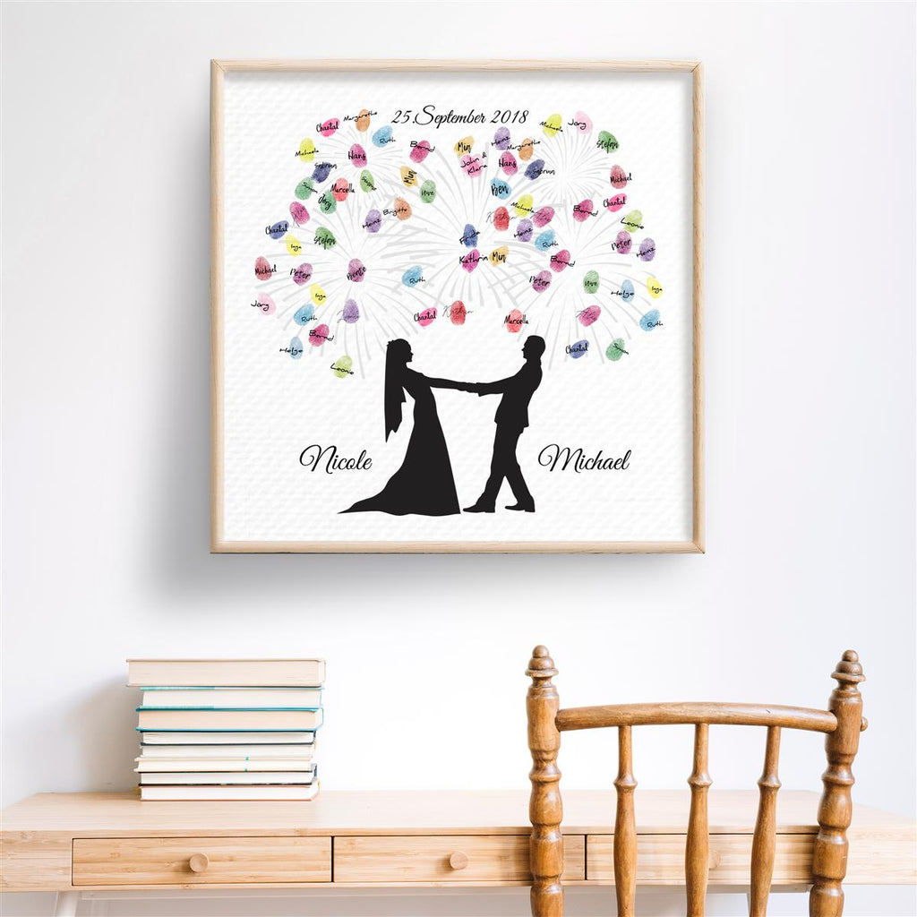 Personalisiertes Hochzeits-Gästebuch Leinwand 50x50 cm - Motiv Brautpaar Feuerwerk Classic - MADYES - Hochzeitsdeko Manufaktur