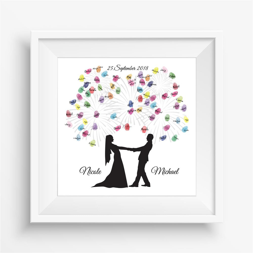 Personalisiertes Hochzeits-Gästebuch Leinwand 50x50 cm - Motiv Brautpaar Feuerwerk Classic - MADYES - Hochzeitsdeko Manufaktur