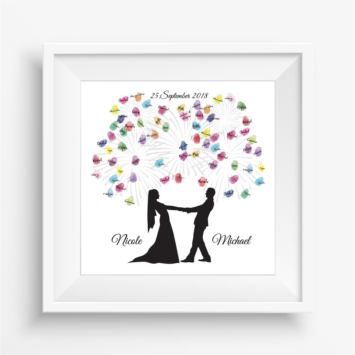 Personalisiertes Hochzeits-Gästebuch Leinwand 50x50 cm - Motiv Brautpaar Feuerwerk Classic - MADYES - Hochzeitsdeko Manufaktur