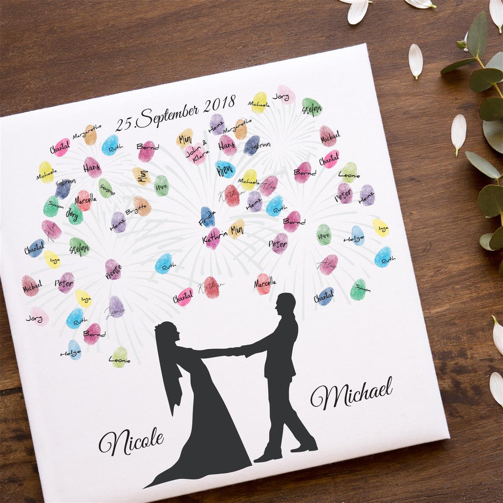 Personalisiertes Hochzeits-Gästebuch Leinwand 50x50 cm - Motiv Brautpaar Feuerwerk Classic - MADYES - Hochzeitsdeko Manufaktur