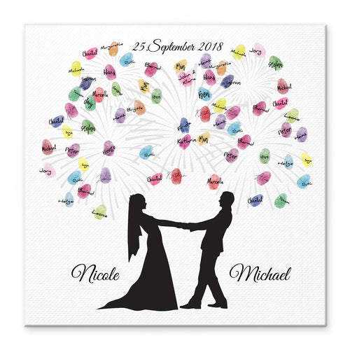 Personalisiertes Hochzeits-Gästebuch Leinwand 50x50 cm - Motiv Brautpaar Feuerwerk Classic - MADYES - Hochzeitsdeko Manufaktur