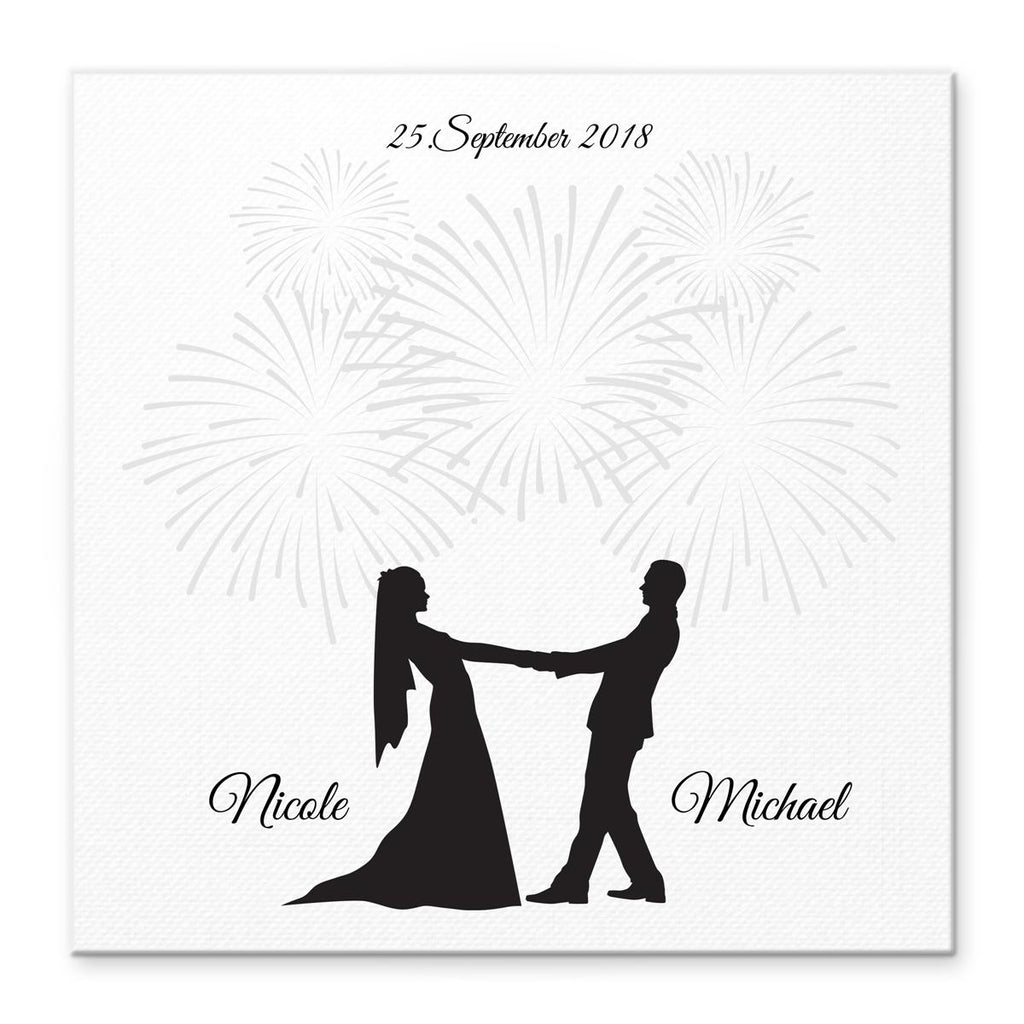 Personalisiertes Hochzeits-Gästebuch Leinwand 50x50 cm - Motiv Brautpaar Feuerwerk Classic - MADYES - Hochzeitsdeko Manufaktur