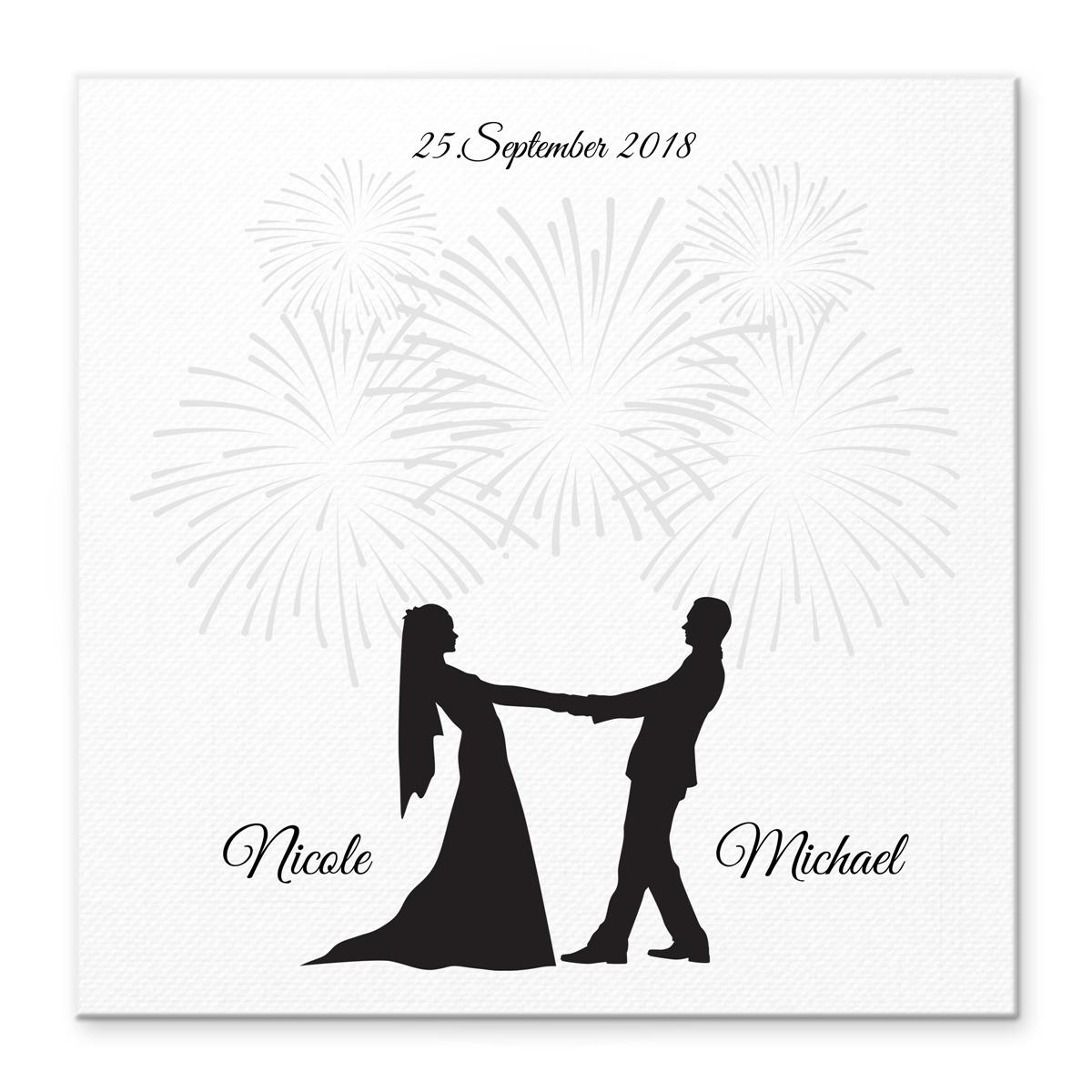 Personalisiertes Hochzeits-Gästebuch Leinwand 50x50 cm - Motiv Brautpaar Feuerwerk Classic - MADYES - Hochzeitsdeko Manufaktur