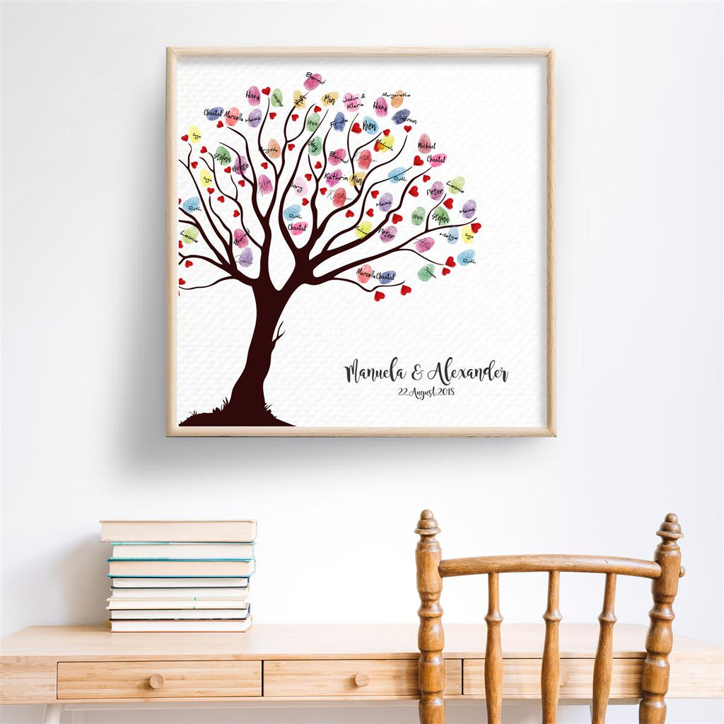 Personalisiertes Hochzeits-Gästebuch Leinwand 50x50 cm - Motiv Baum Herzen - MADYES - Hochzeitsdeko Manufaktur