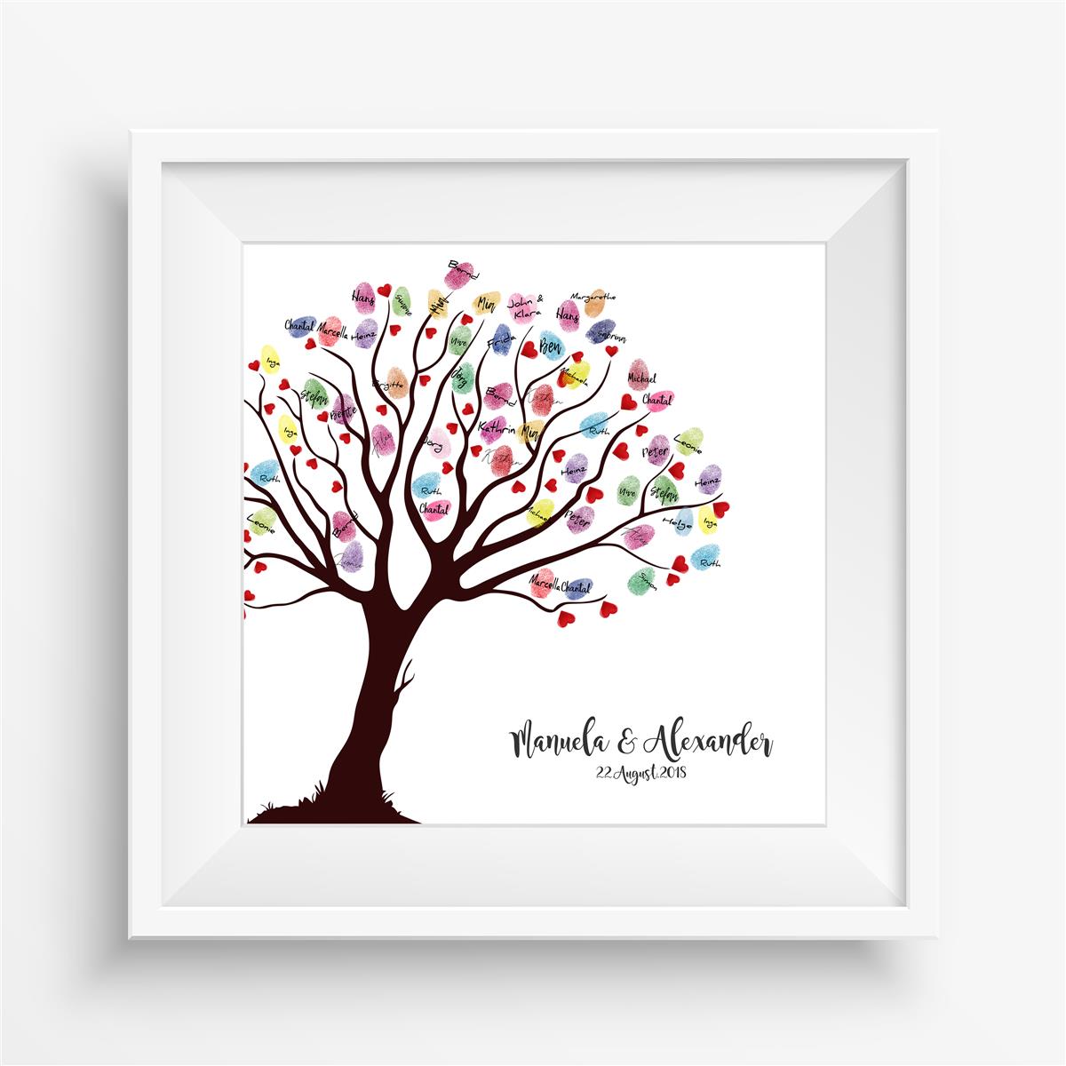 Personalisiertes Hochzeits-Gästebuch Leinwand 50x50 cm - Motiv Baum Herzen - MADYES - Hochzeitsdeko Manufaktur