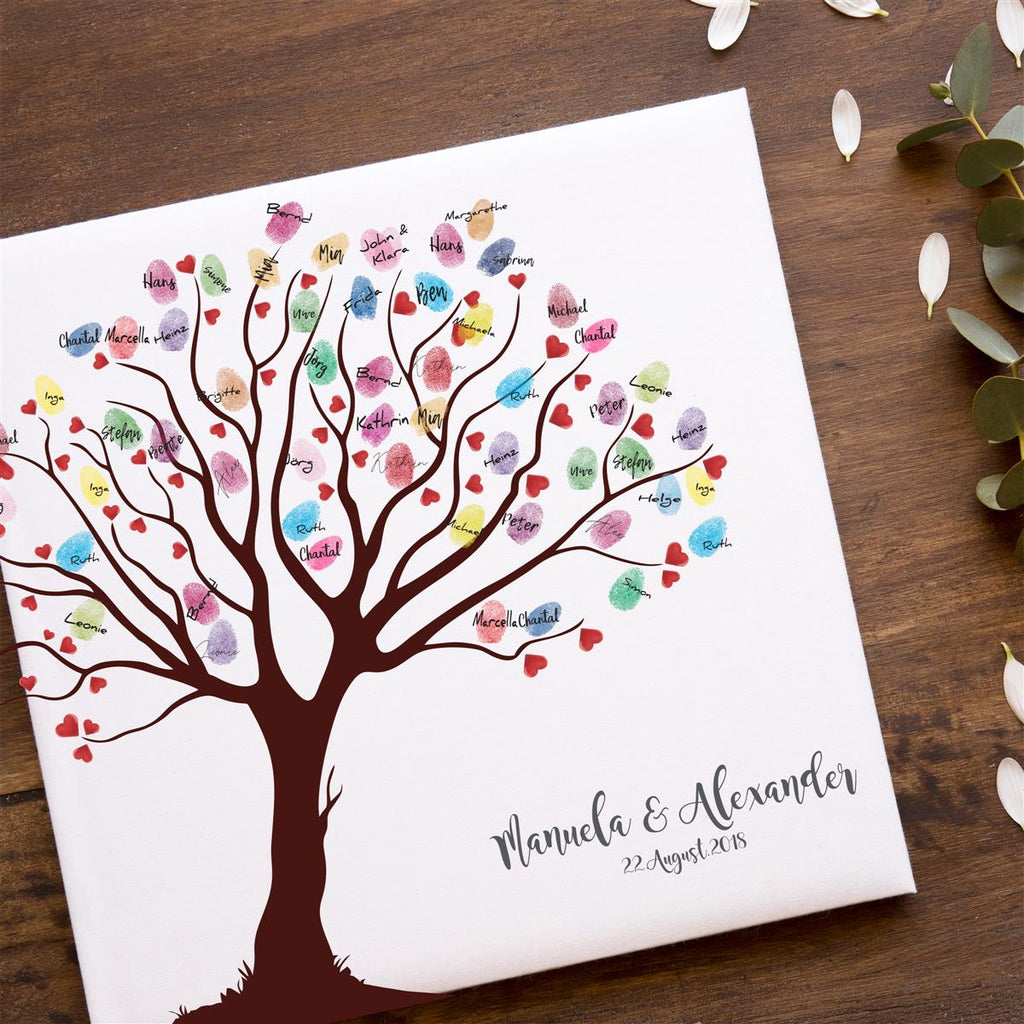 Personalisiertes Hochzeits-Gästebuch Leinwand 50x50 cm - Motiv Baum Herzen - MADYES - Hochzeitsdeko Manufaktur