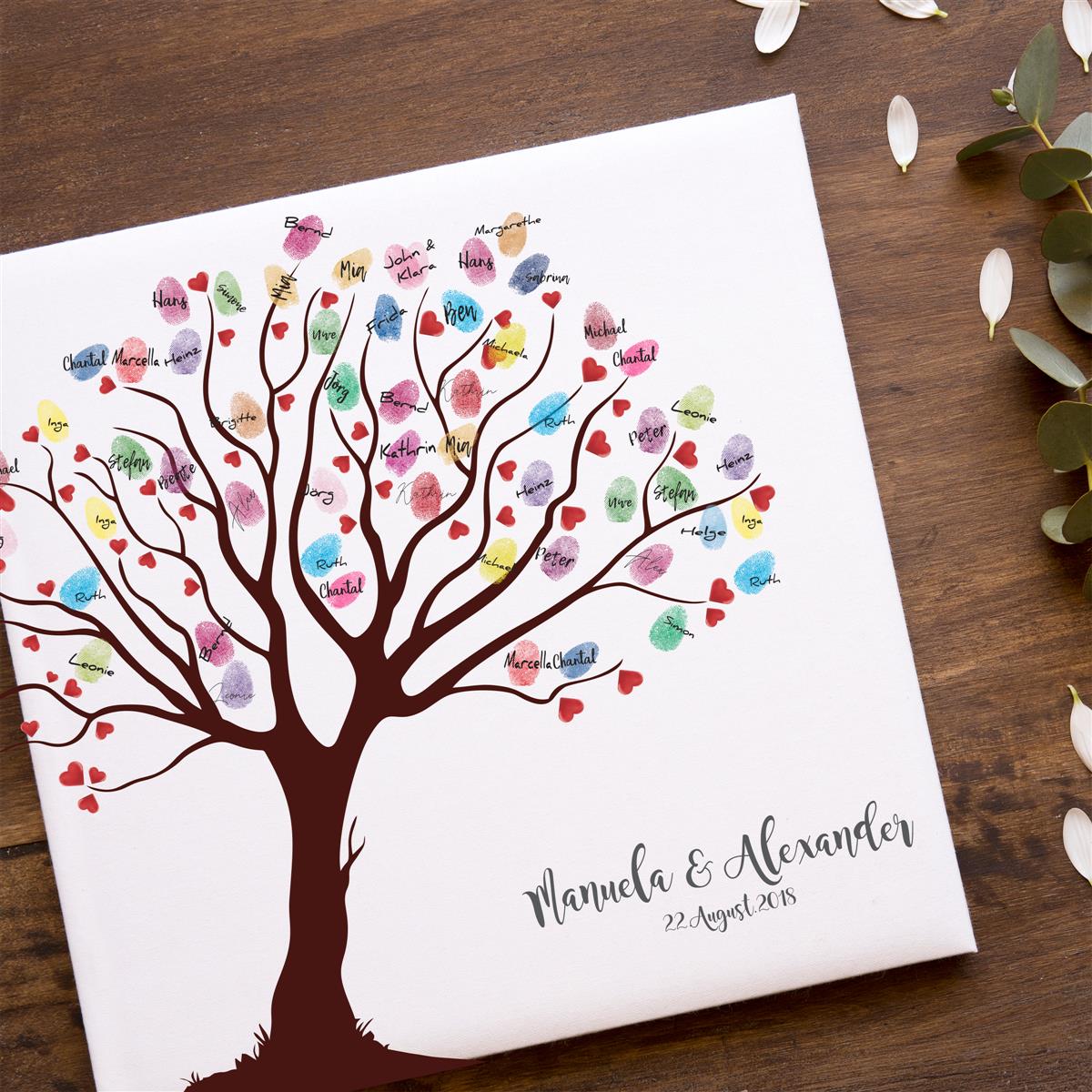 Personalisiertes Hochzeits-Gästebuch Leinwand 50x50 cm - Motiv Baum Herzen - MADYES - Hochzeitsdeko Manufaktur
