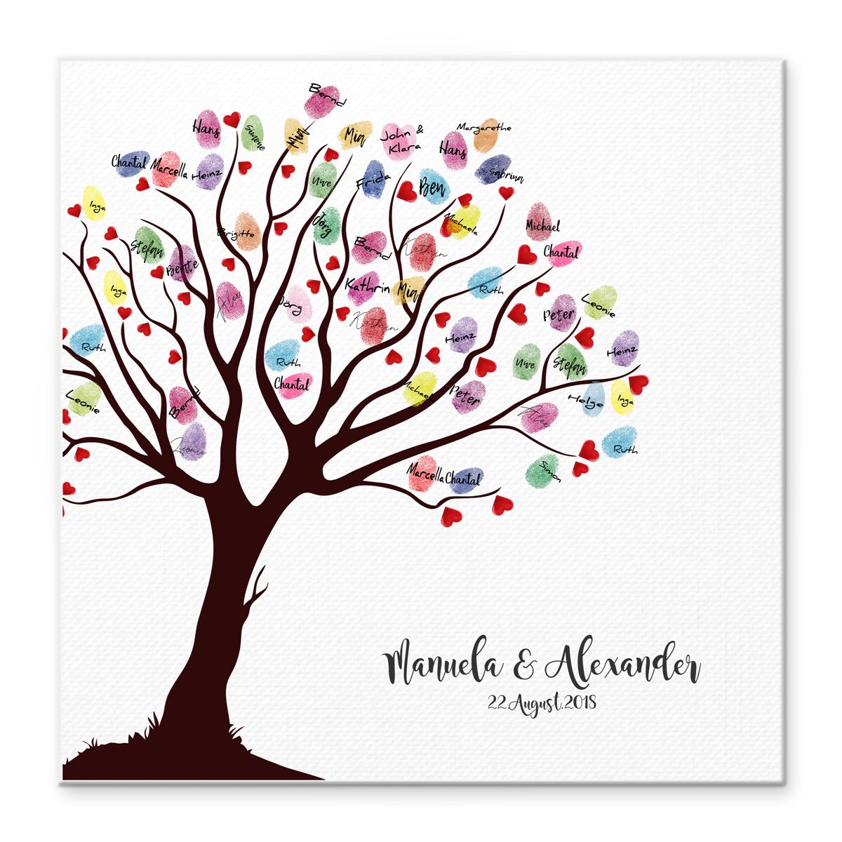 Personalisiertes Hochzeits-Gästebuch Leinwand 50x50 cm - Motiv Baum Herzen - MADYES - Hochzeitsdeko Manufaktur