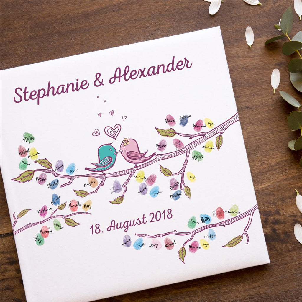 Personalisiertes Hochzeits-Gästebuch Leinwand 50x50 cm - Motiv Love Birds - MADYES - Hochzeitsdeko Manufaktur