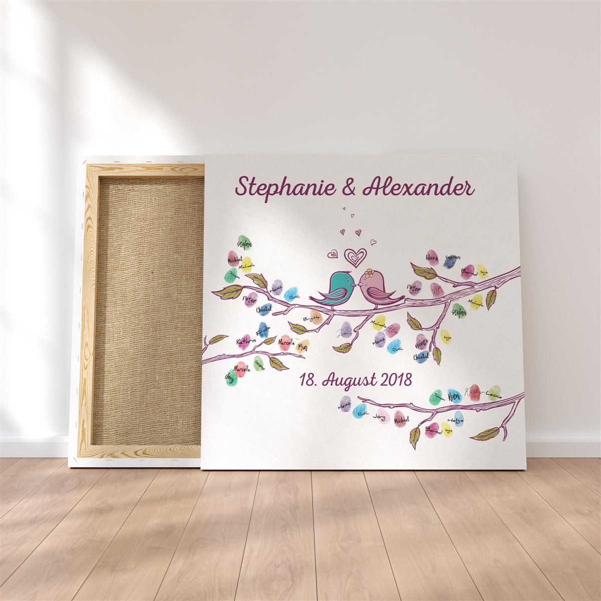 Personalisiertes Hochzeits-Gästebuch Leinwand 50x50 cm - Motiv Love Birds - MADYES - Hochzeitsdeko Manufaktur