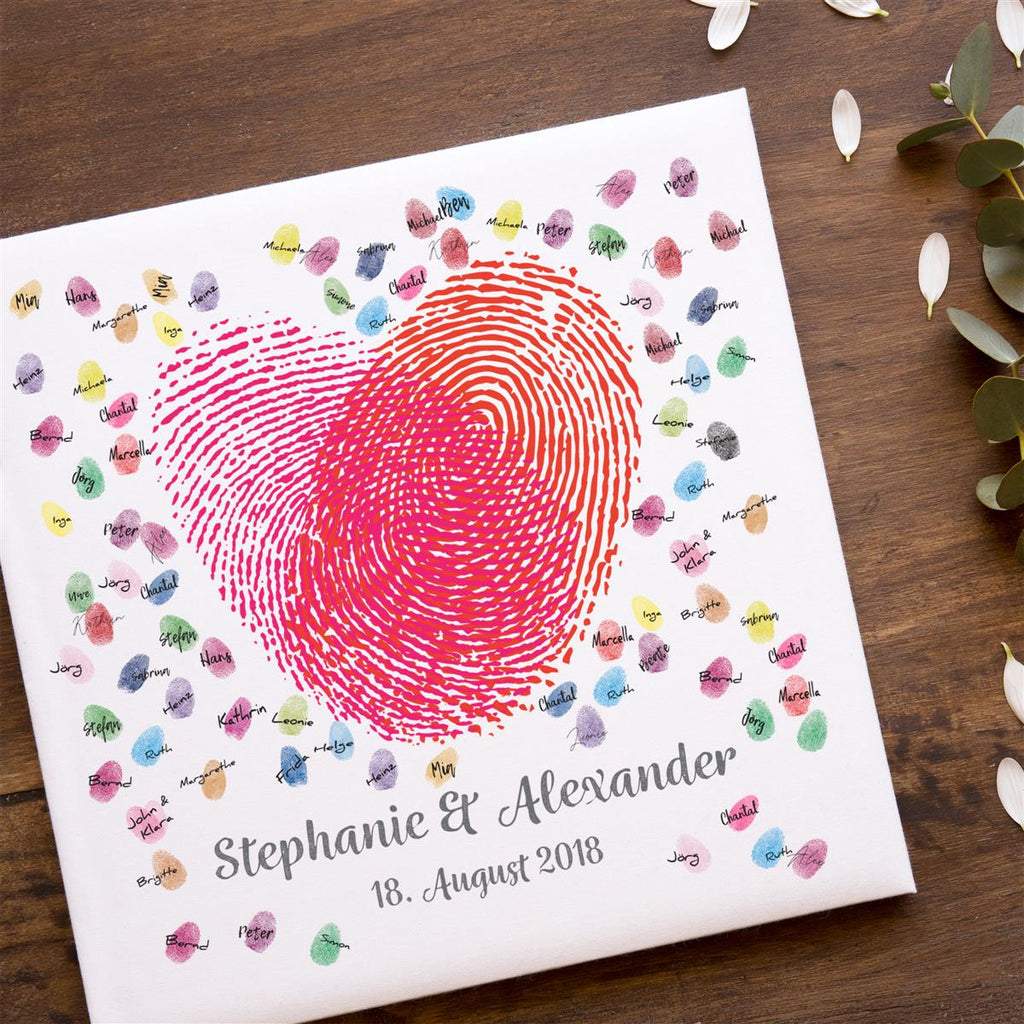 Personalisiertes Hochzeits-Gästebuch Leinwand 50x50 cm - Motiv Herz Fingerabdrücke - MADYES - Hochzeitsdeko Manufaktur
