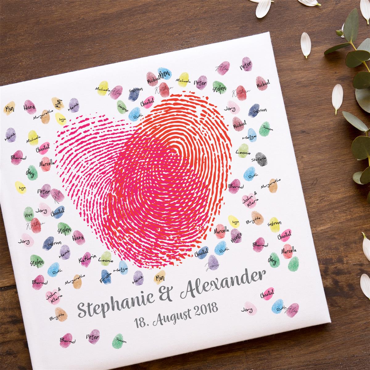 Personalisiertes Hochzeits-Gästebuch Leinwand 50x50 cm - Motiv Herz Fingerabdrücke - MADYES - Hochzeitsdeko Manufaktur