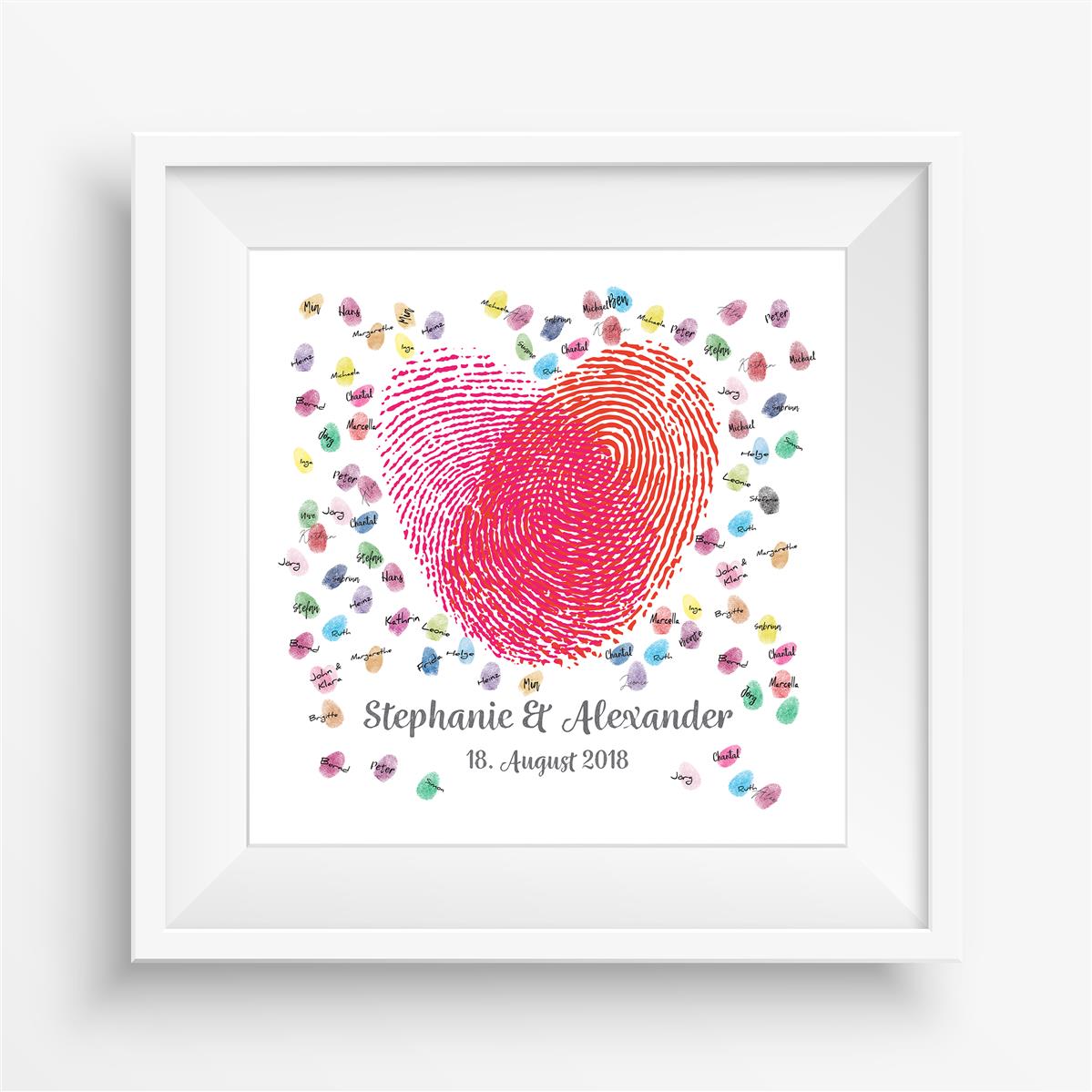 Personalisiertes Hochzeits-Gästebuch Leinwand 50x50 cm - Motiv Herz Fingerabdrücke - MADYES - Hochzeitsdeko Manufaktur