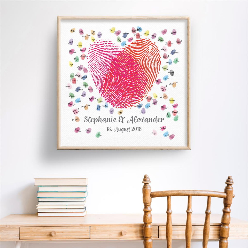 Personalisiertes Hochzeits-Gästebuch Leinwand 50x50 cm - Motiv Herz Fingerabdrücke - MADYES - Hochzeitsdeko Manufaktur