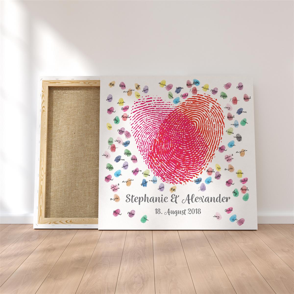 Personalisiertes Hochzeits-Gästebuch Leinwand 50x50 cm - Motiv Herz Fingerabdrücke - MADYES - Hochzeitsdeko Manufaktur