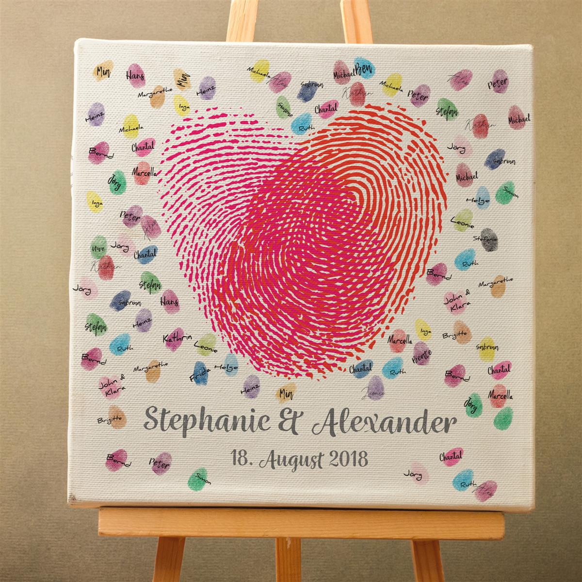 Personalisiertes Hochzeits-Gästebuch Leinwand 50x50 cm - Motiv Herz Fingerabdrücke - MADYES - Hochzeitsdeko Manufaktur