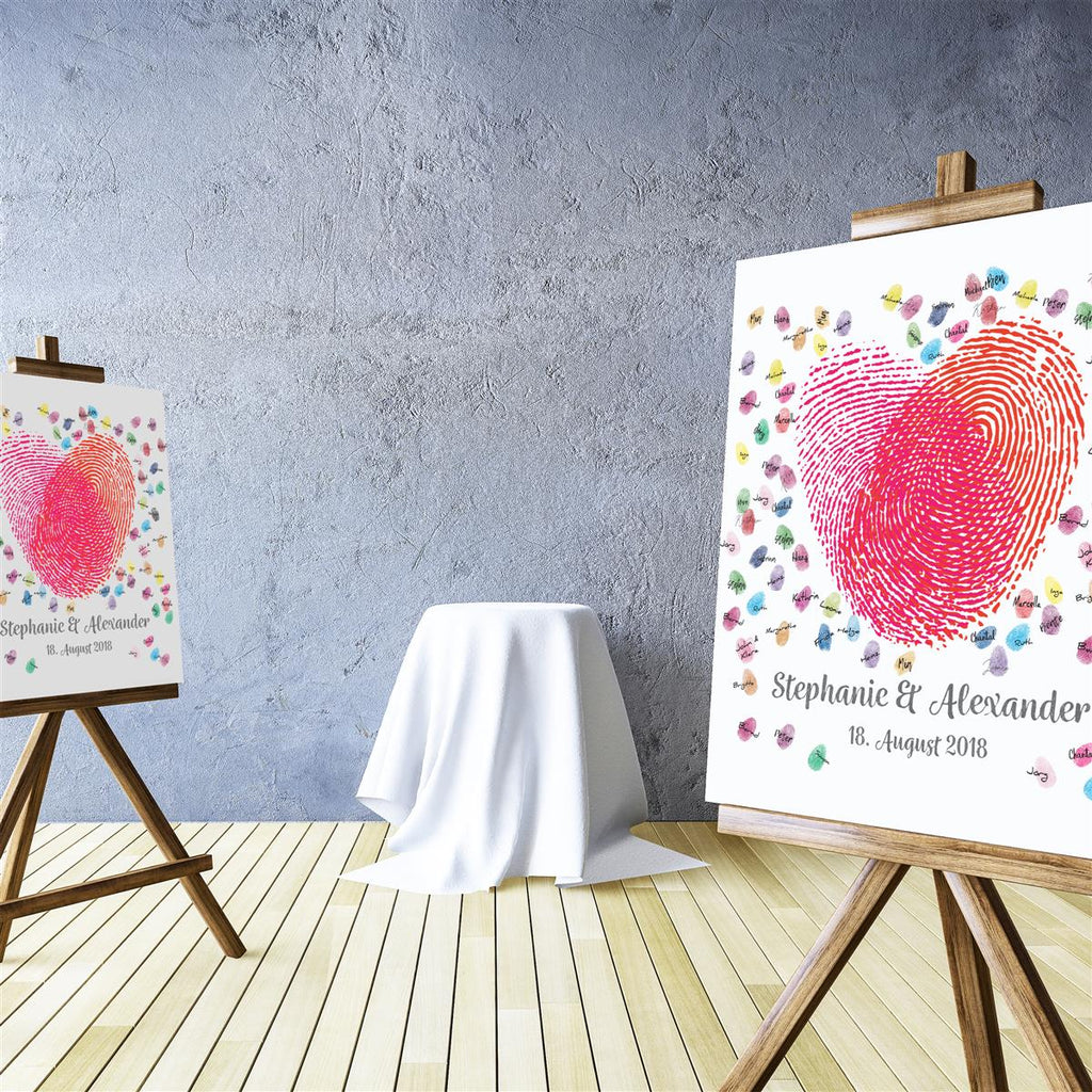 Personalisiertes Hochzeits-Gästebuch Leinwand 50x50 cm - Motiv Herz Fingerabdrücke - MADYES - Hochzeitsdeko Manufaktur