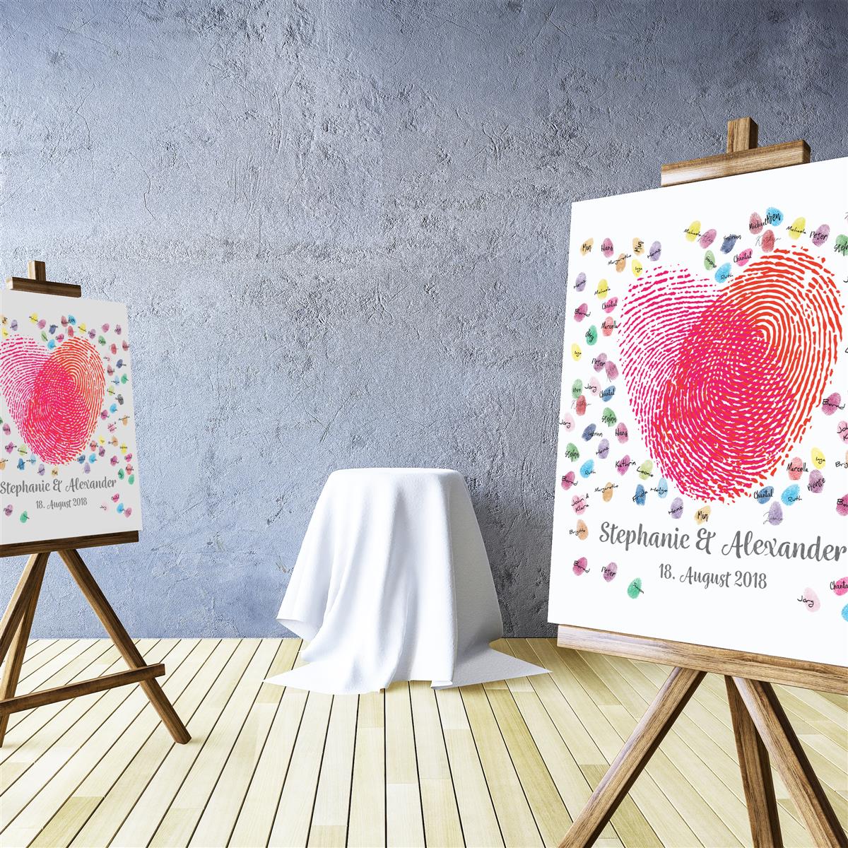 Personalisiertes Hochzeits-Gästebuch Leinwand 50x50 cm - Motiv Herz Fingerabdrücke - MADYES - Hochzeitsdeko Manufaktur