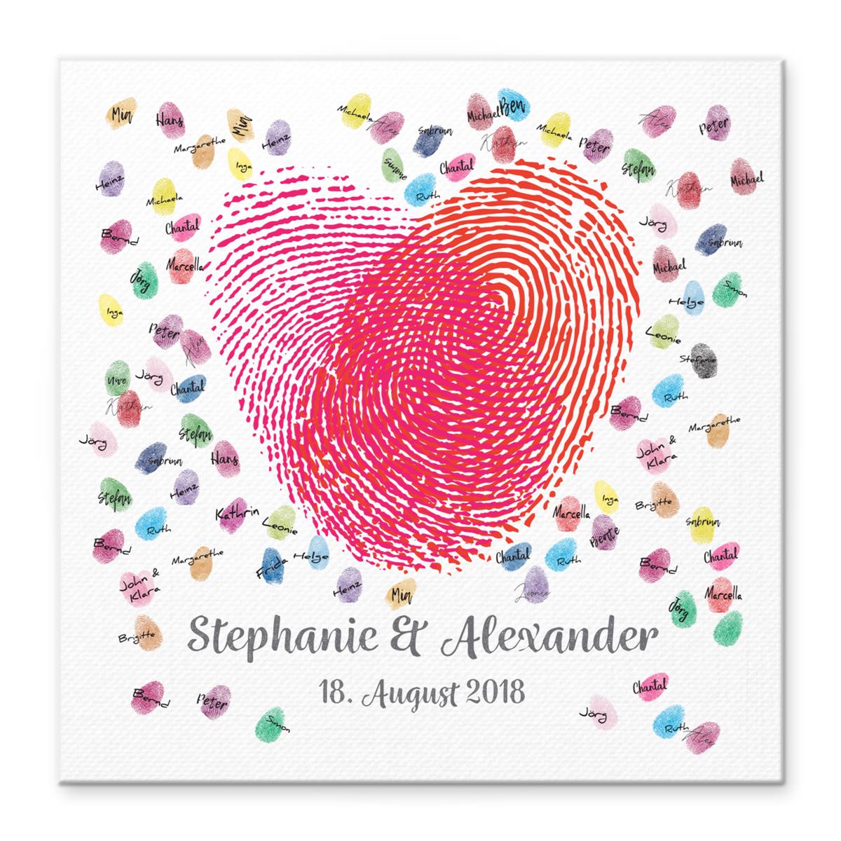 Personalisiertes Hochzeits-Gästebuch Leinwand 50x50 cm - Motiv Herz Fingerabdrücke - MADYES - Hochzeitsdeko Manufaktur
