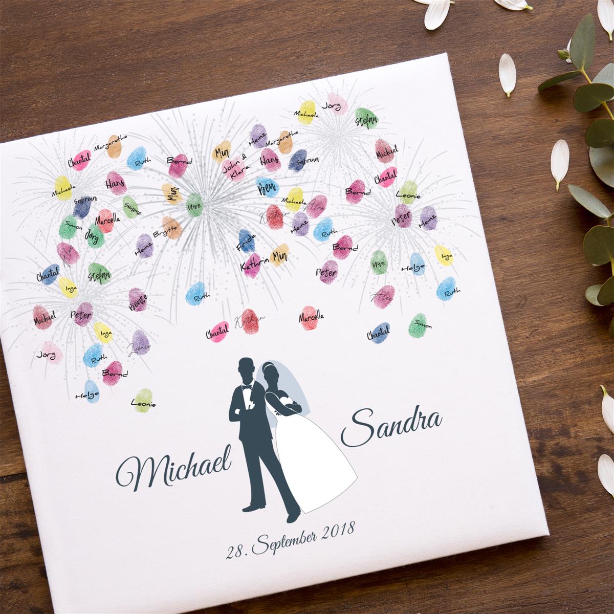 Personalisiertes Hochzeits-Gästebuch Leinwand 50x50 cm - Motiv Brautpaar Feuerwerk - MADYES - Hochzeitsdeko Manufaktur
