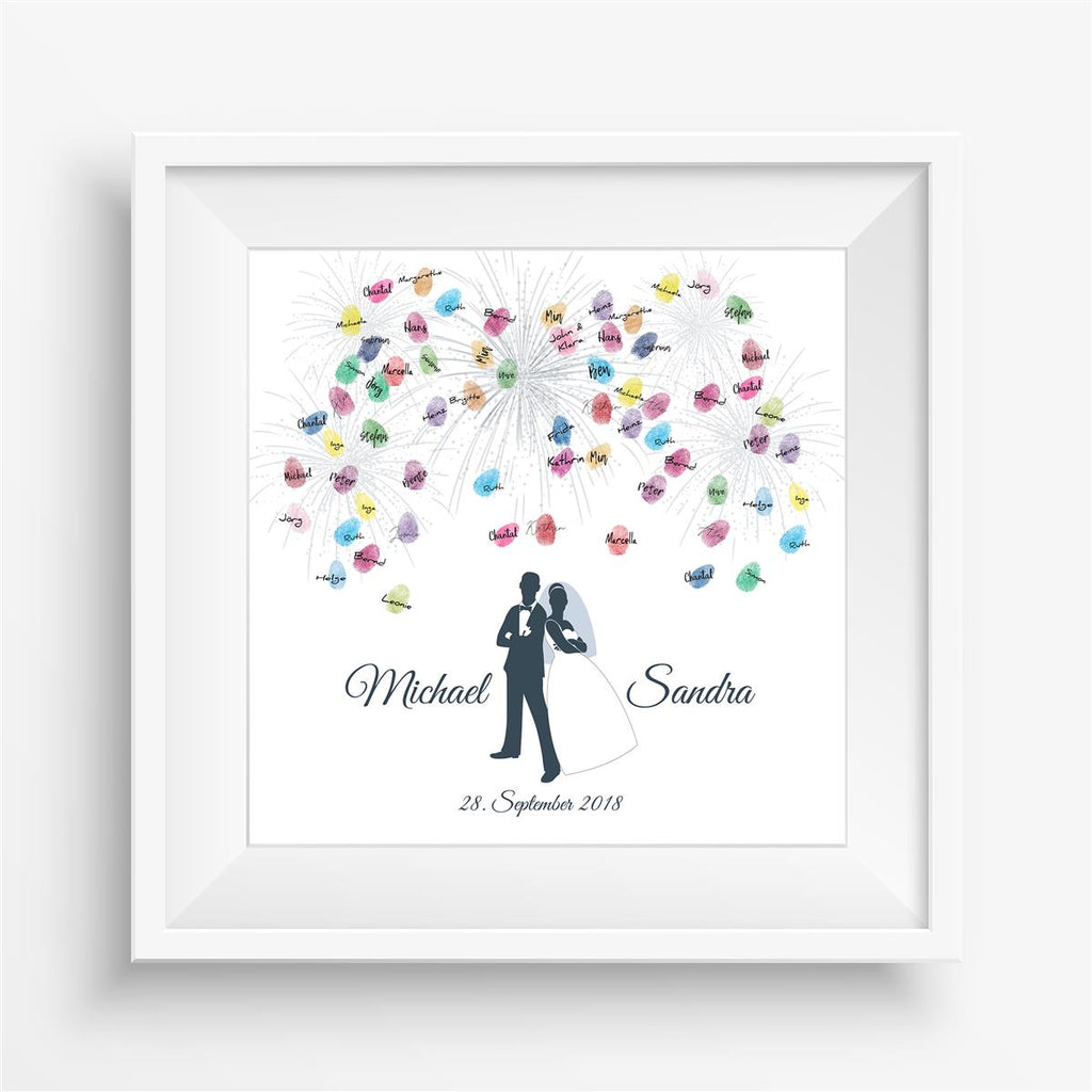 Personalisiertes Hochzeits-Gästebuch Leinwand 50x50 cm - Motiv Brautpaar Feuerwerk - MADYES - Hochzeitsdeko Manufaktur