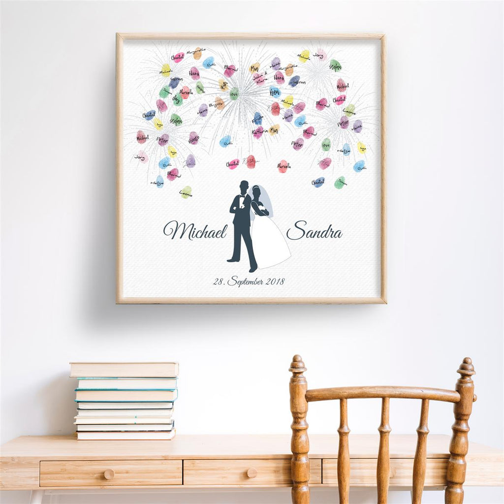 Personalisiertes Hochzeits-Gästebuch Leinwand 50x50 cm - Motiv Brautpaar Feuerwerk - MADYES - Hochzeitsdeko Manufaktur