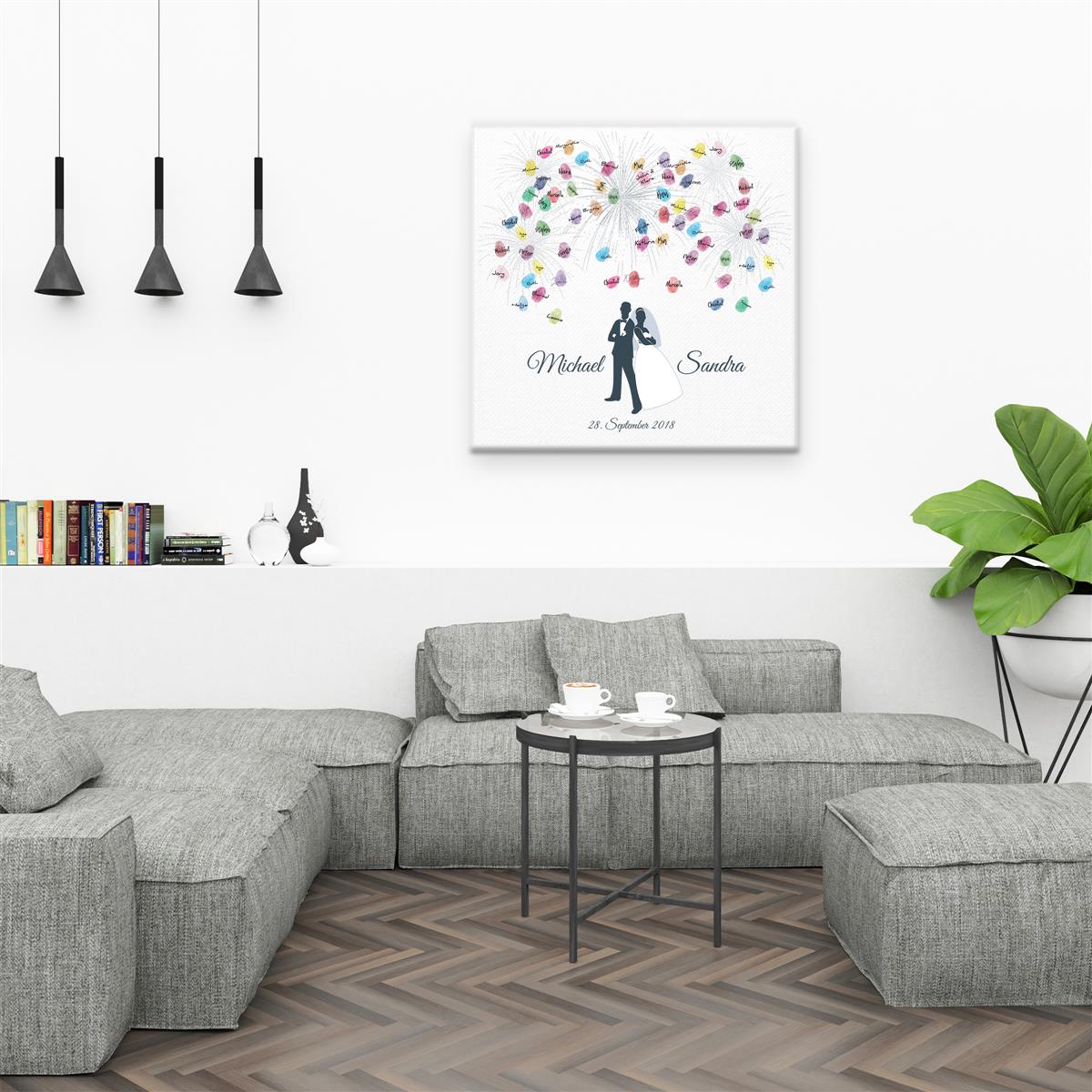 Personalisiertes Hochzeits-Gästebuch Leinwand 50x50 cm - Motiv Brautpaar Feuerwerk - MADYES - Hochzeitsdeko Manufaktur