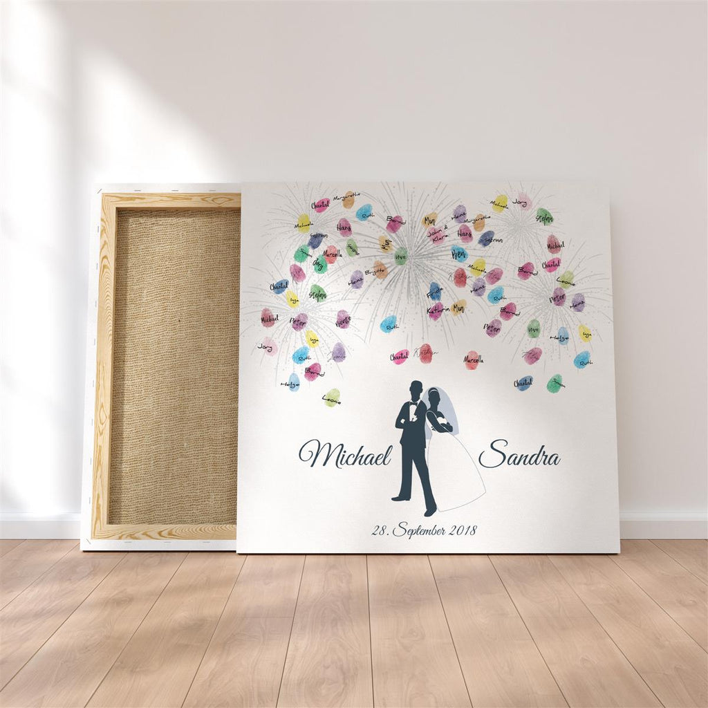 Personalisiertes Hochzeits-Gästebuch Leinwand 50x50 cm - Motiv Brautpaar Feuerwerk - MADYES - Hochzeitsdeko Manufaktur