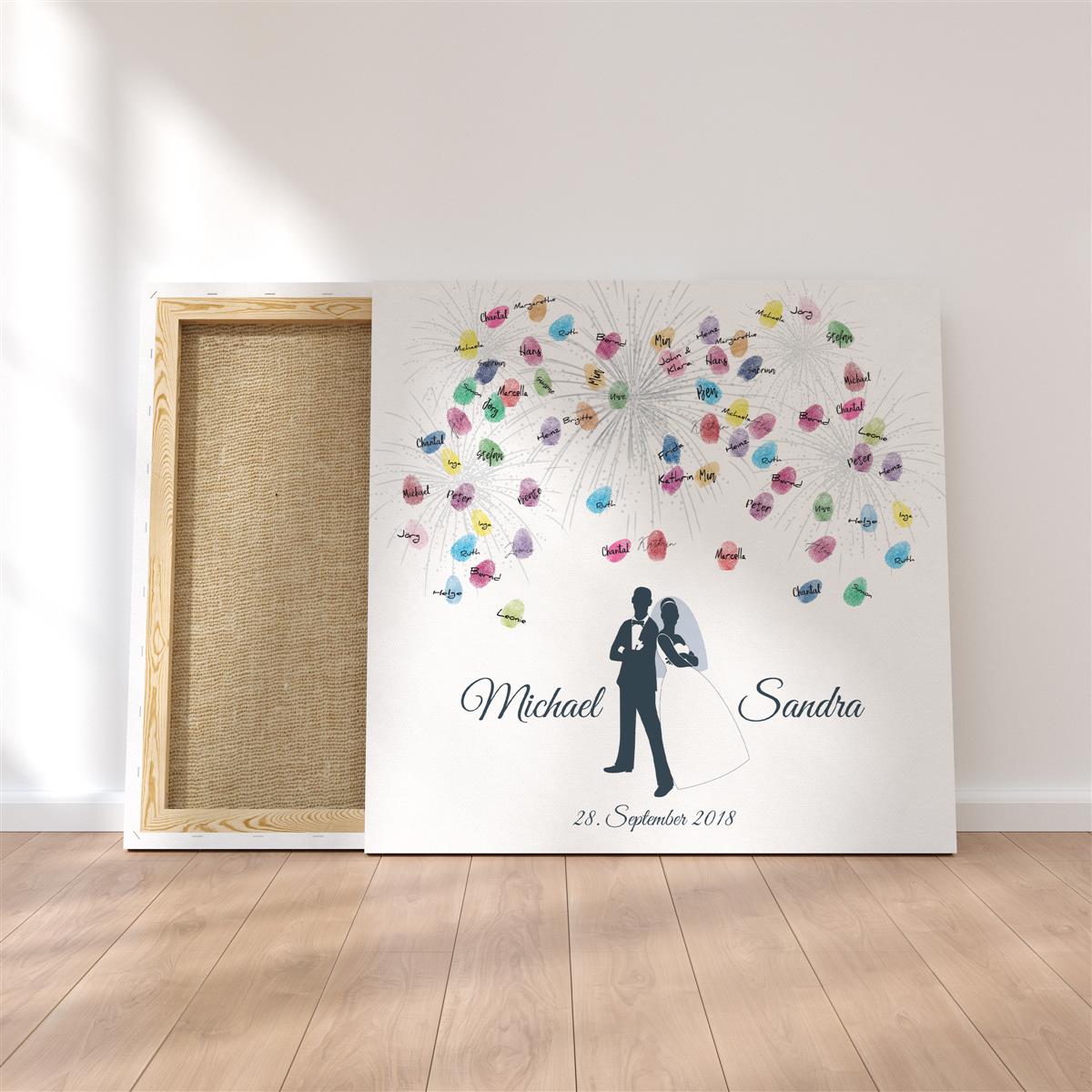 Personalisiertes Hochzeits-Gästebuch Leinwand 50x50 cm - Motiv Brautpaar Feuerwerk - MADYES - Hochzeitsdeko Manufaktur