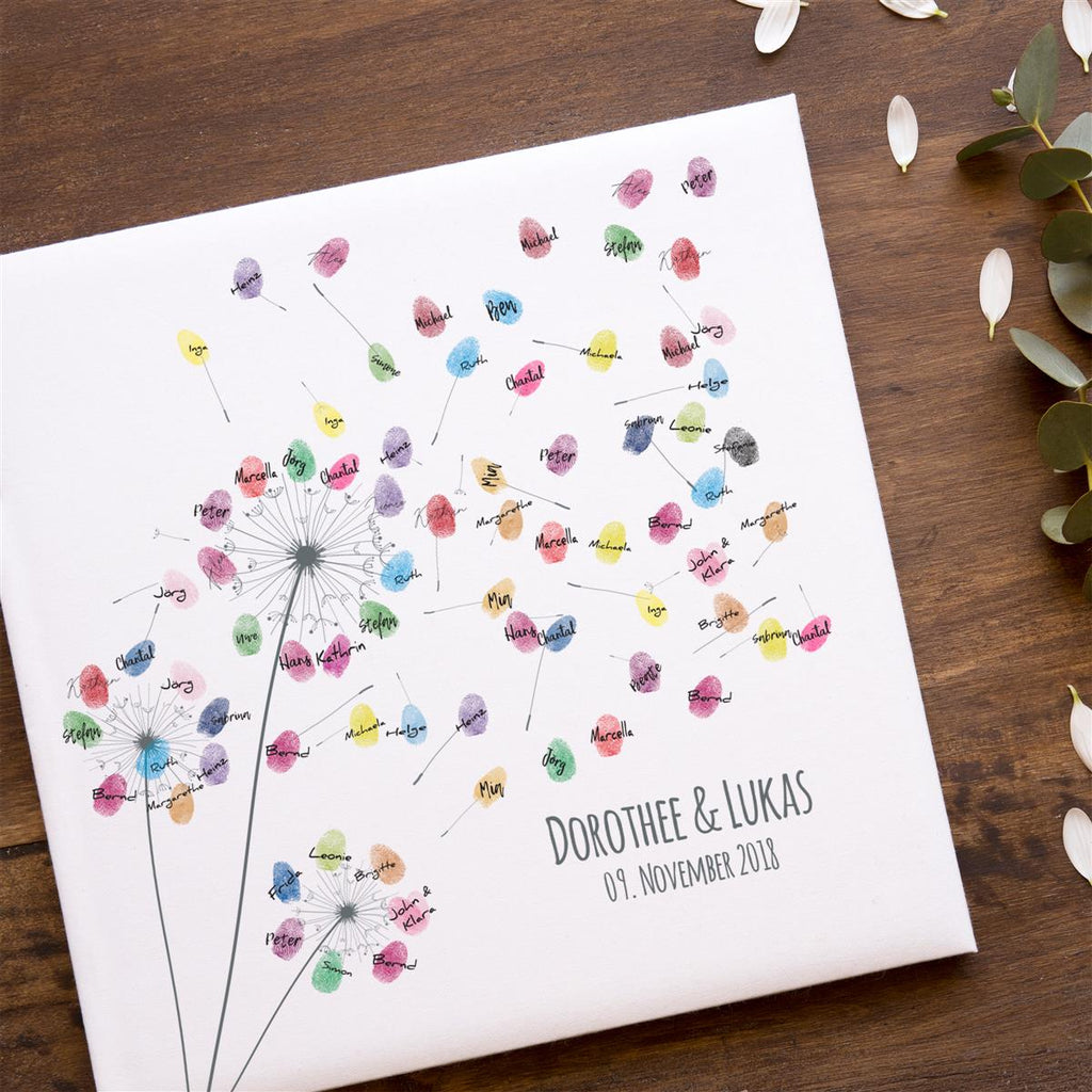 Personalisiertes Hochzeits-Gästebuch Leinwand 50x50 cm - Motiv Pusteblume - MADYES - Hochzeitsdeko Manufaktur