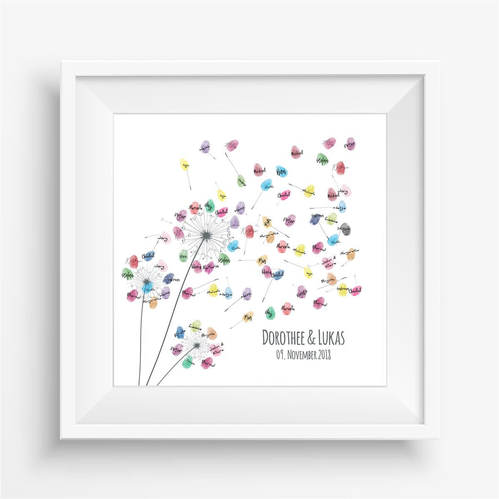 Personalisiertes Hochzeits-Gästebuch Leinwand 50x50 cm - Motiv Pusteblume - MADYES - Hochzeitsdeko Manufaktur